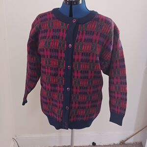 Jumper Sweater Wool 100% Y2k Vint Sz Med Checked Button Academia Old Money FLAWS